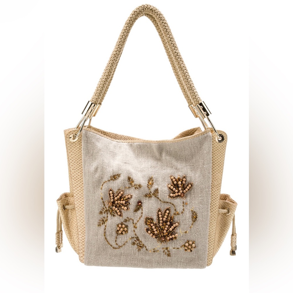 Super Rare Michael Kors Skorpios Beaded Genuine Linen Embossed Tote Bag EUC